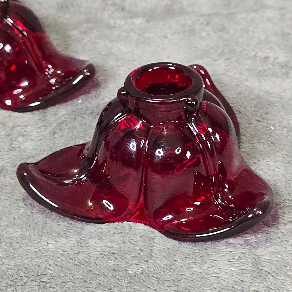 Vintage Ruby Red Glass Flower Candle Holders Set of 4 Star Shape Retro Decor